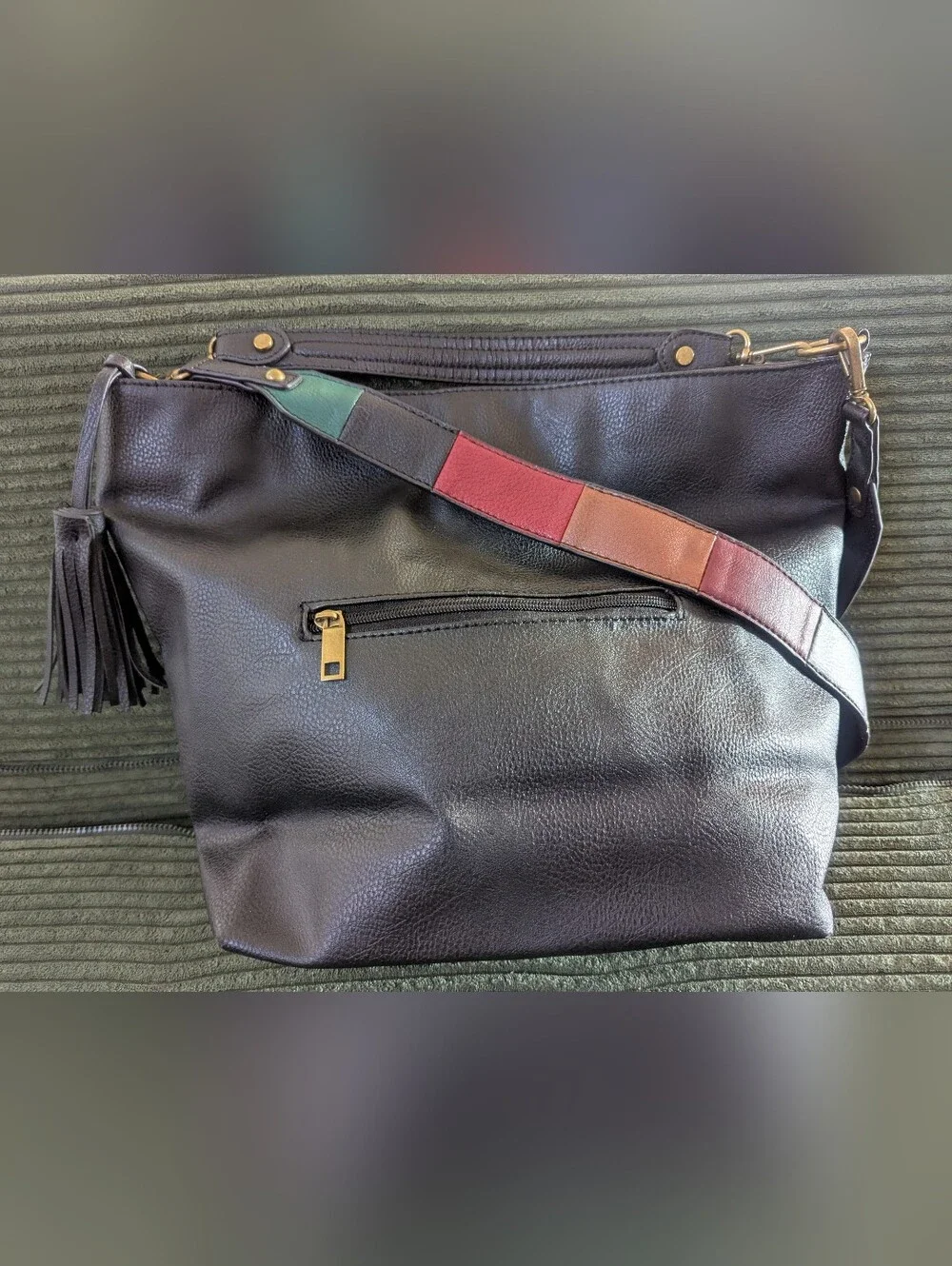 Black Leather Shoulder Bag with Multicolor Strap